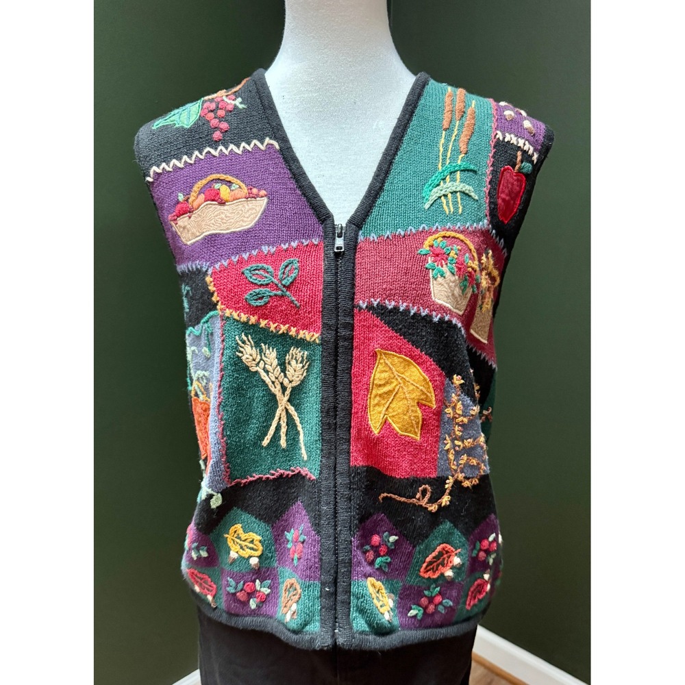 Vintage‎ Chelsea Cambell Fall Embroidered Knit Vest Autumncore Women's Size L